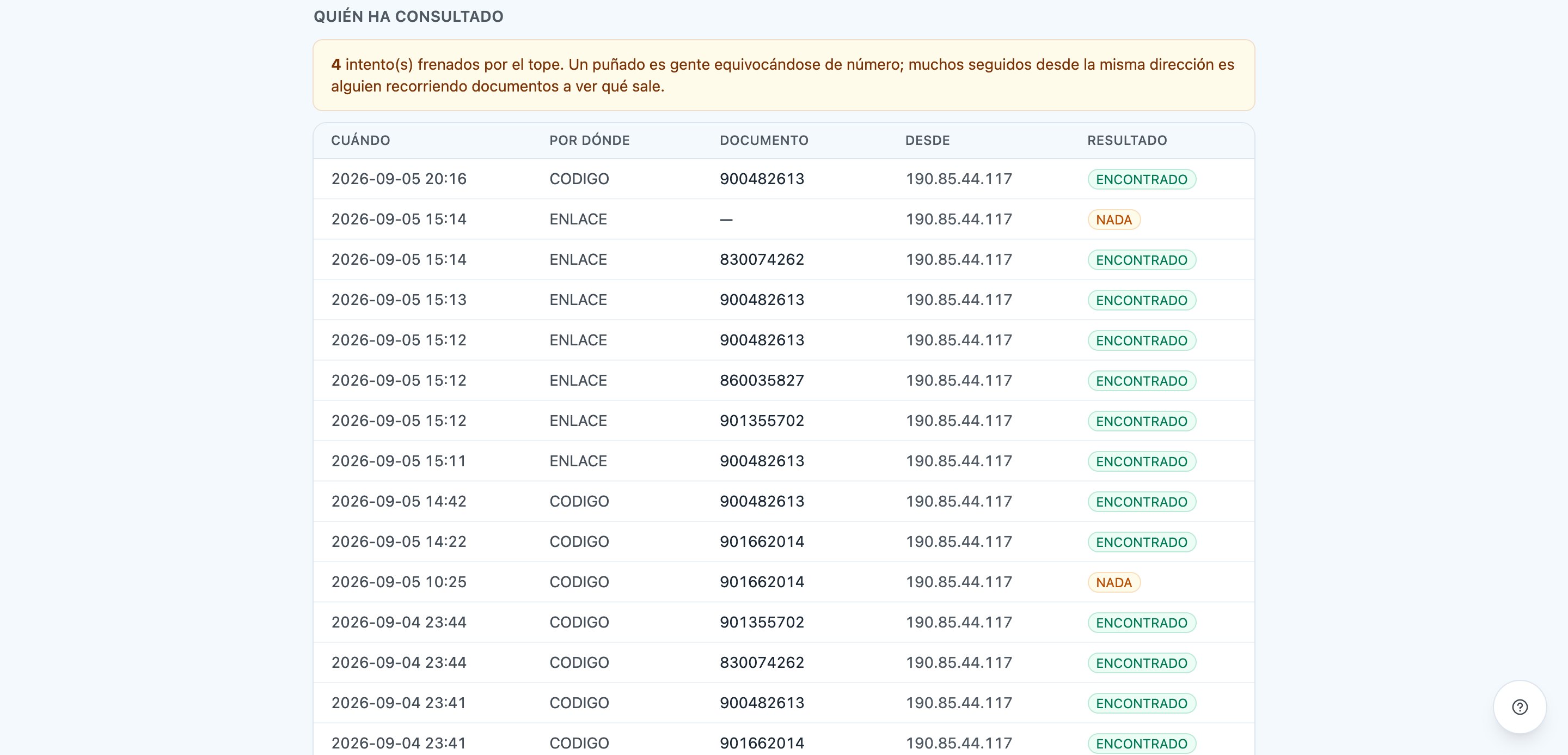Registro de quién ha consultado el portal público, con la fecha, el documento buscado, la dirección desde la que se hizo y el resultado.