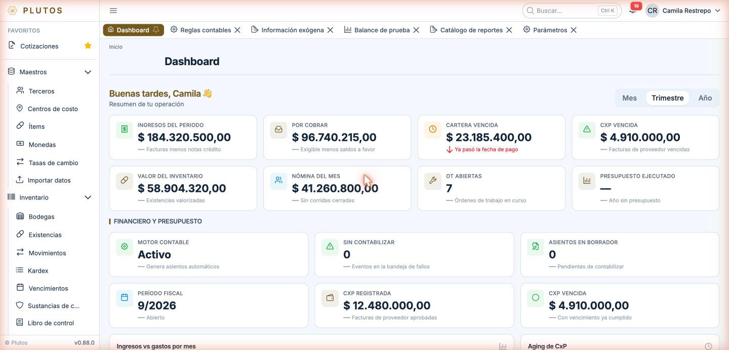 Panel de inicio de Plutos con los ingresos del periodo, lo que está por cobrar, la cartera vencida y el estado del motor contable.