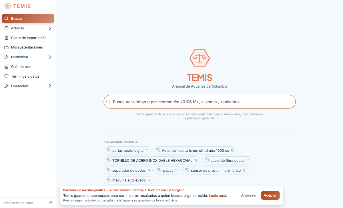 Buscador de Temis con búsquedas recientes y un aviso de borrador sin revisión jurídica al pie
