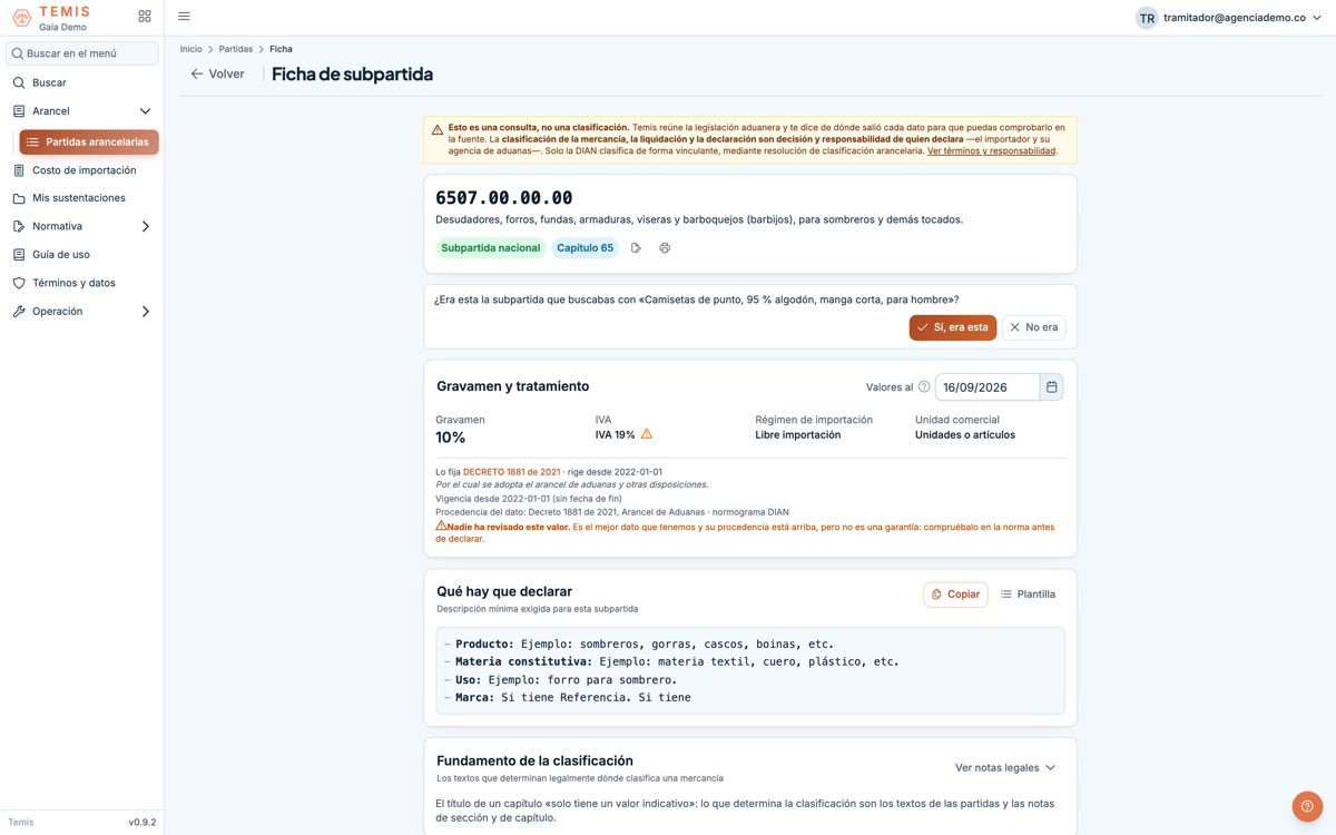 Ficha de la subpartida 6507.00.00.00 en Temis: el gravamen del 10 % y el IVA del 19 %, y debajo el decreto que los fija, desde cuándo rige y el aviso de que nadie ha revisado ese valor.